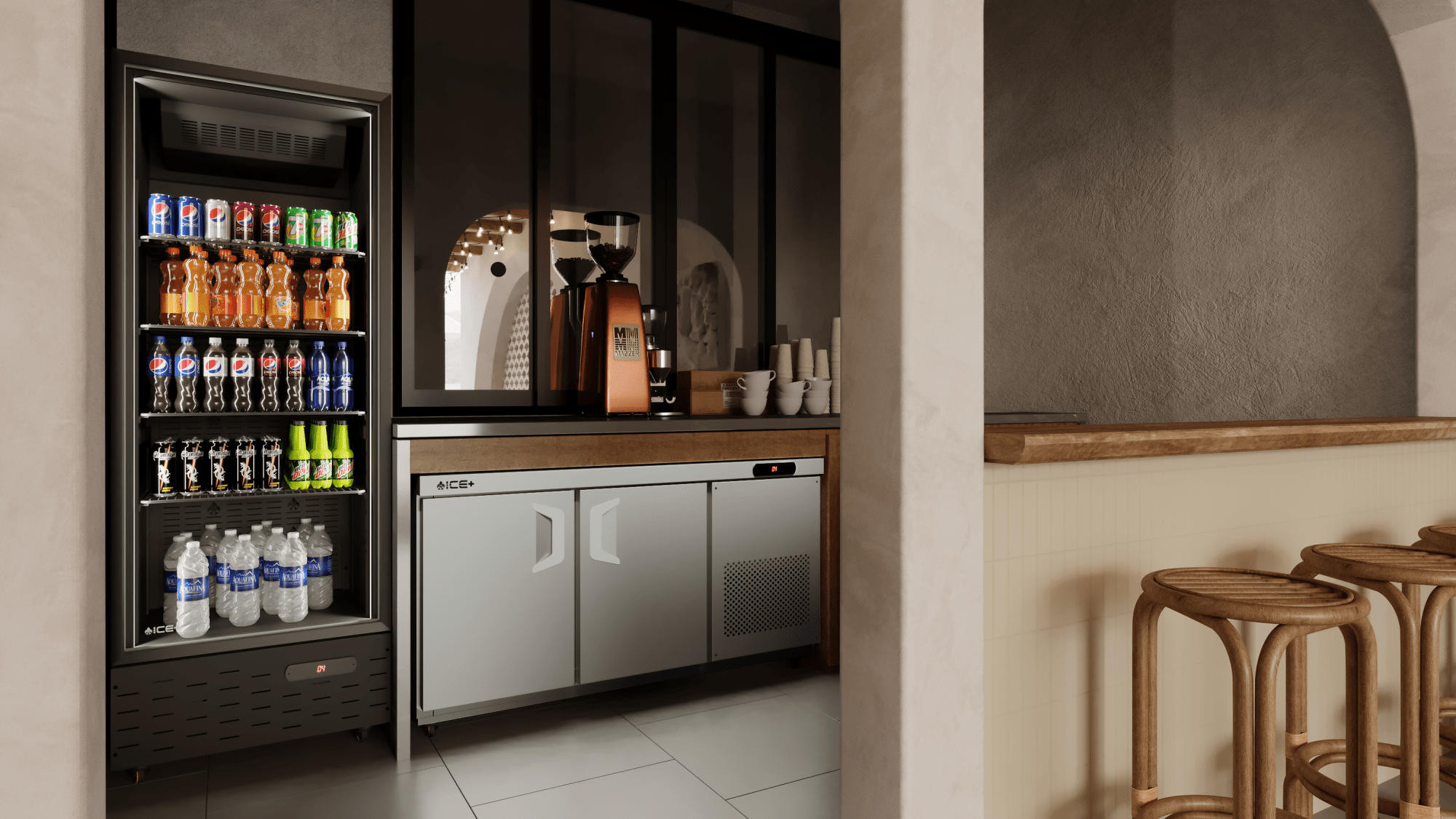 ICE+ undercounter and beverage units in a café back-of-house