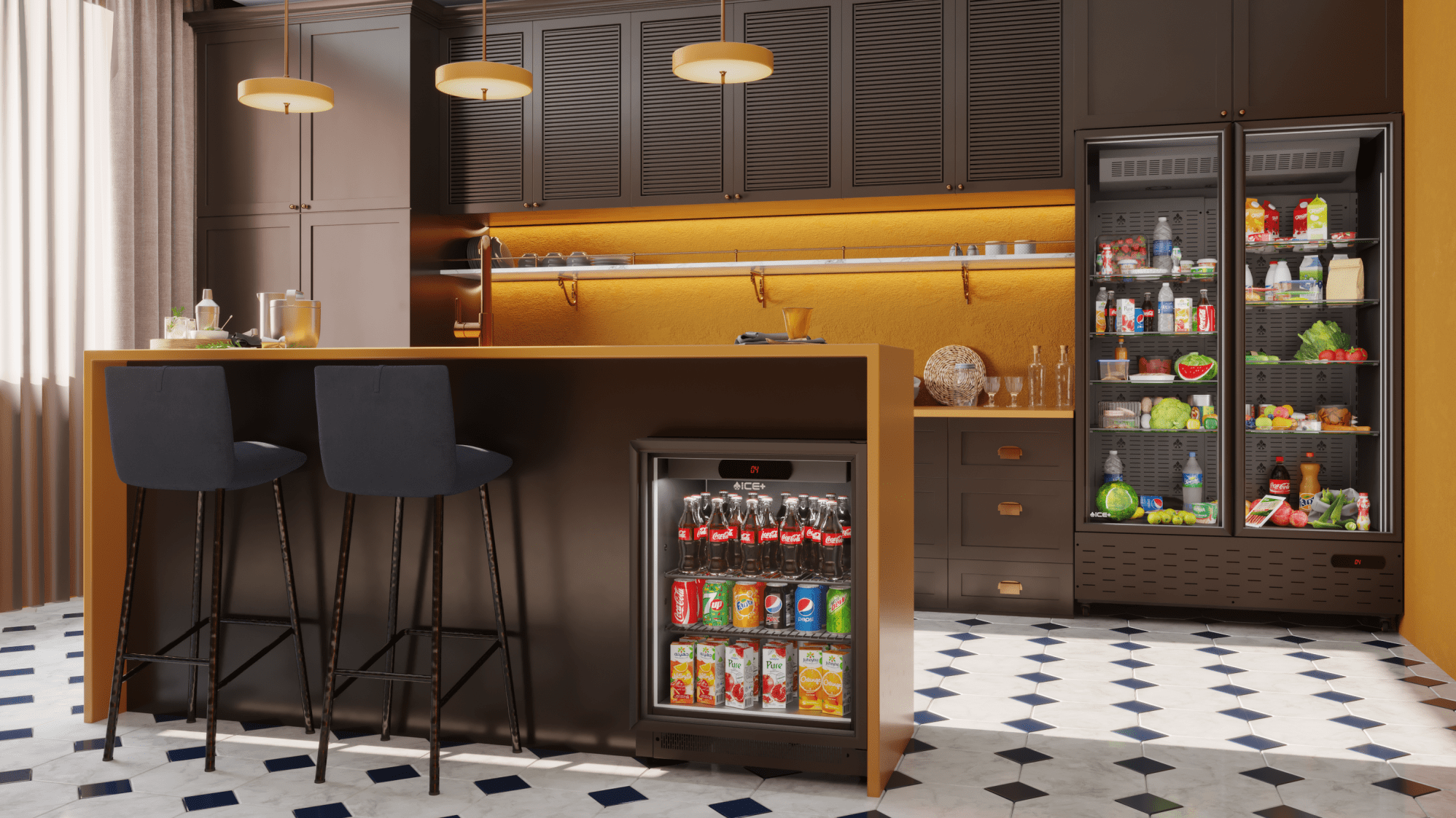 ICE+ mini bar and beverage centers in a residential bar setting